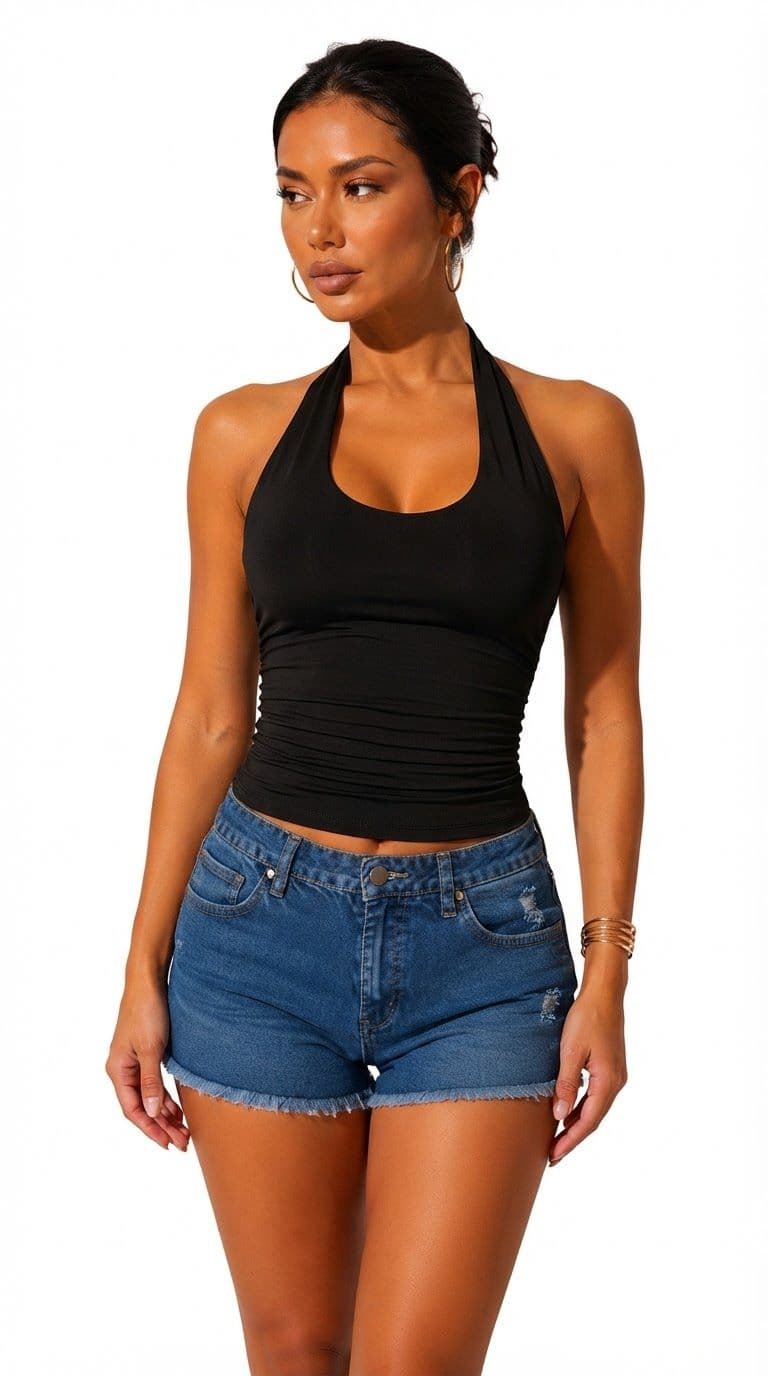 Blusa Cropped Alça Halter com Franzido Lateral