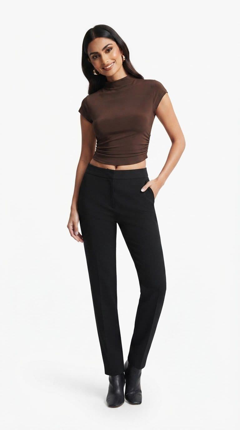 Blusa Cropped Manga Curta Gola Alta com Franzido Lateral