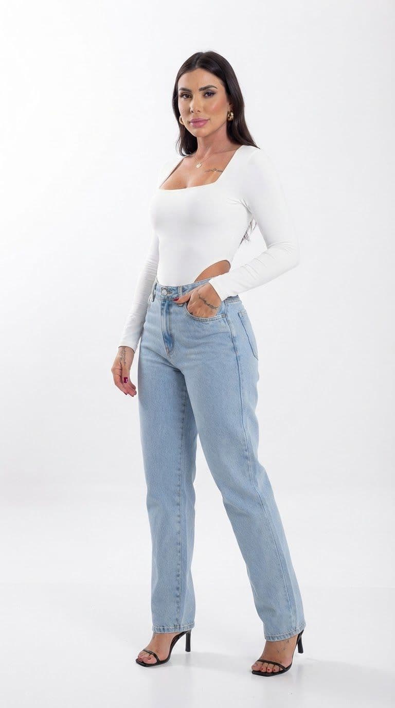 Body Manga Longa Decote Quadrado Cavado Lateral Maya